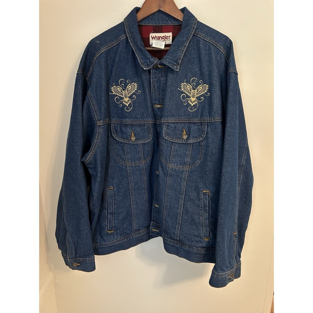 Wrangler Rugged Wear Denim Jacket 3XL Buffalo Plaid Lined Gold Owl RJK32AN